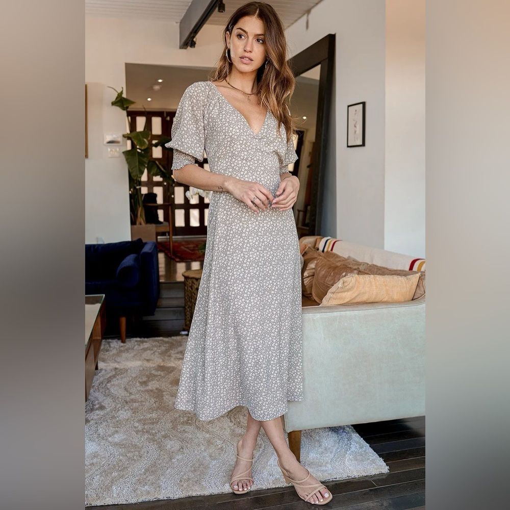 Lulus Times With You Sage Green Floral Print Puff Sleeve Midi Dress Size XS NEW - Picture 7 of 16